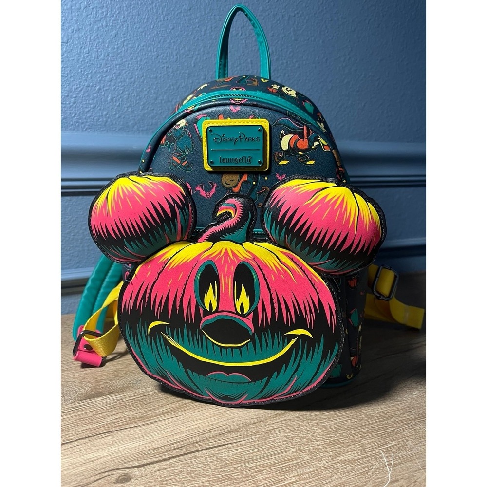Disney Parks Halloween 2023 Mickey Pumpkin Glows in the Dark Loungefly Backpack